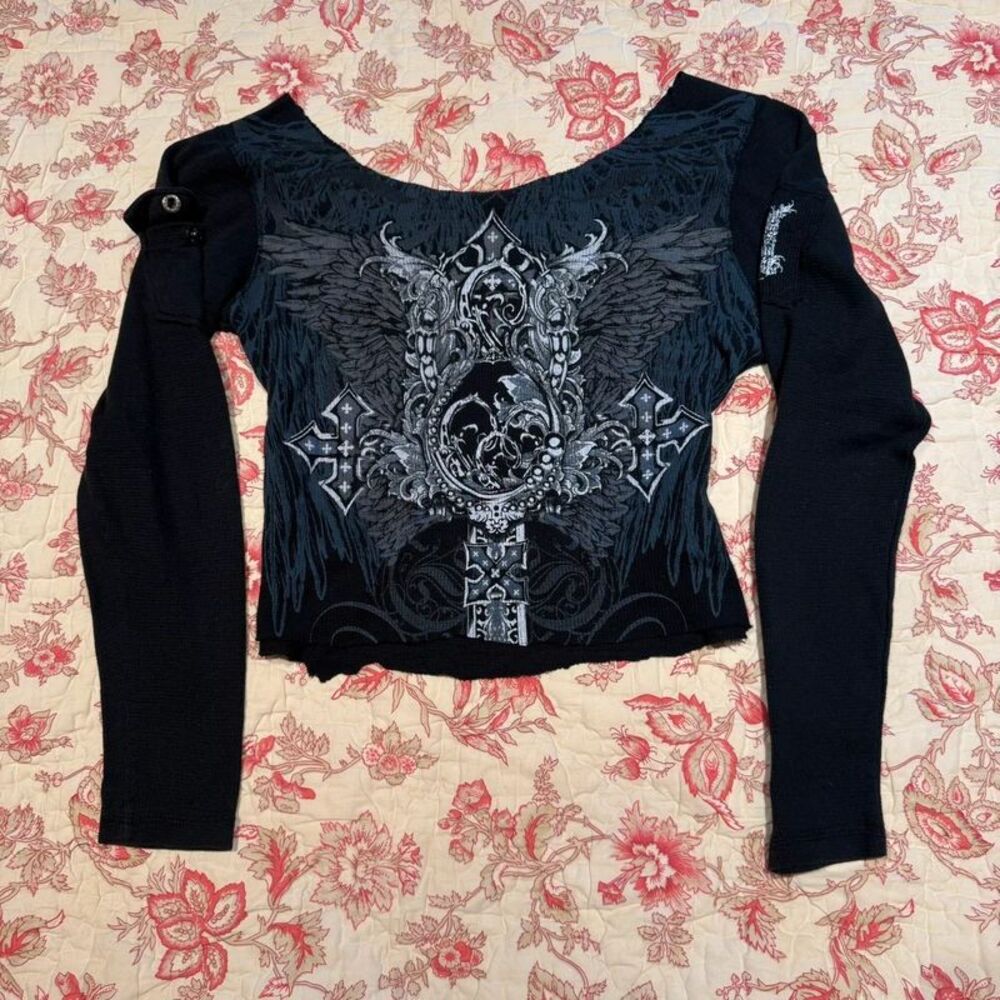 Y2K Early 2000s Black Grunge Double Pocket Off the neck Thermal Longsleeve!